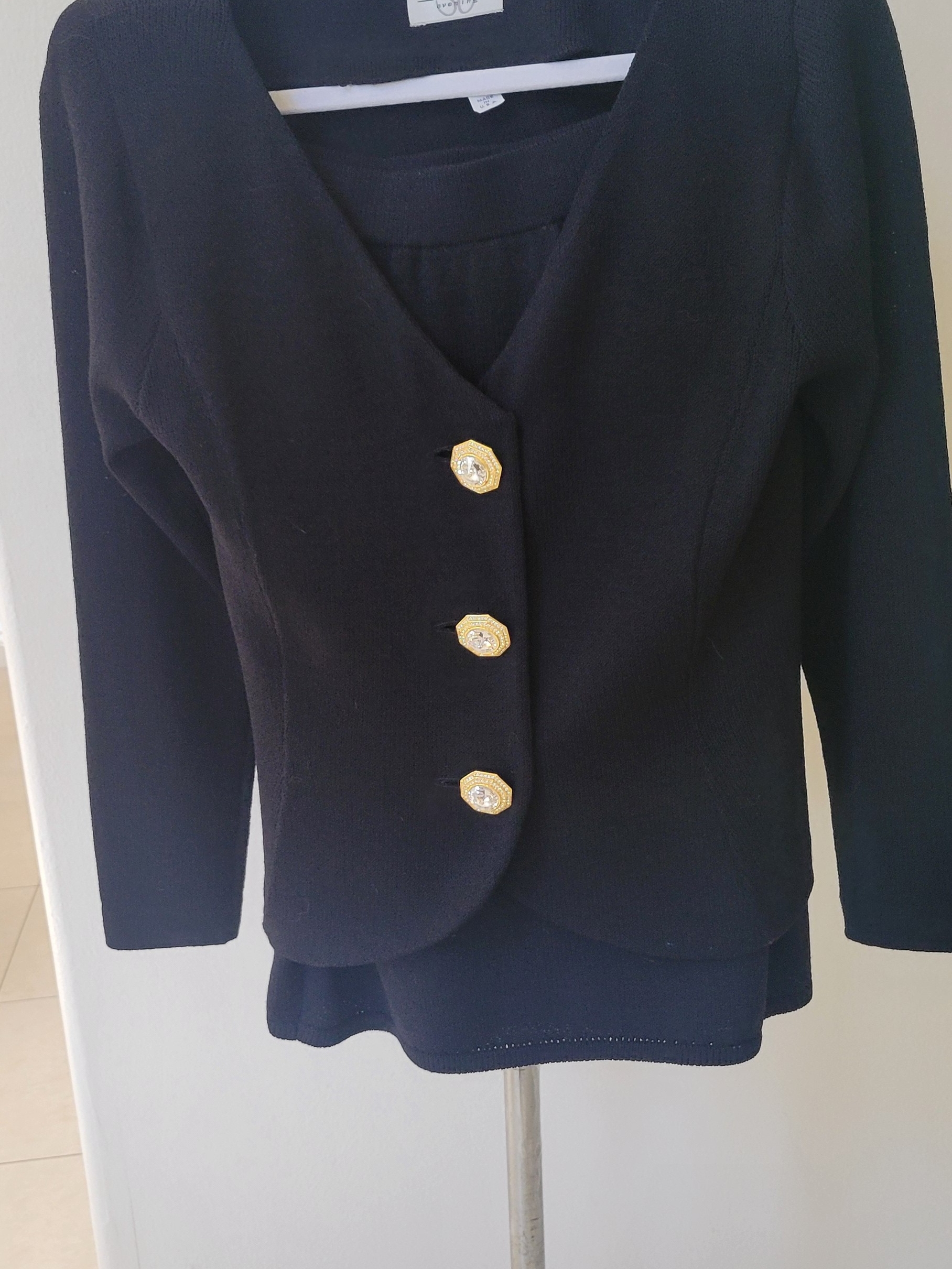 St. John Evening Size 8 Black Knit Jacket W 3 Huge Gold Buttons-Skirt 21" Long